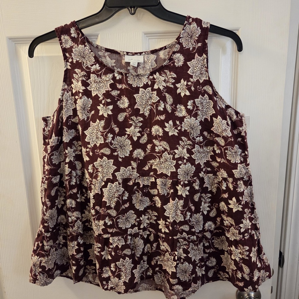 J. Jill sz L petite Love Linen tank blouse tiered flowy floral casual‎ feminine